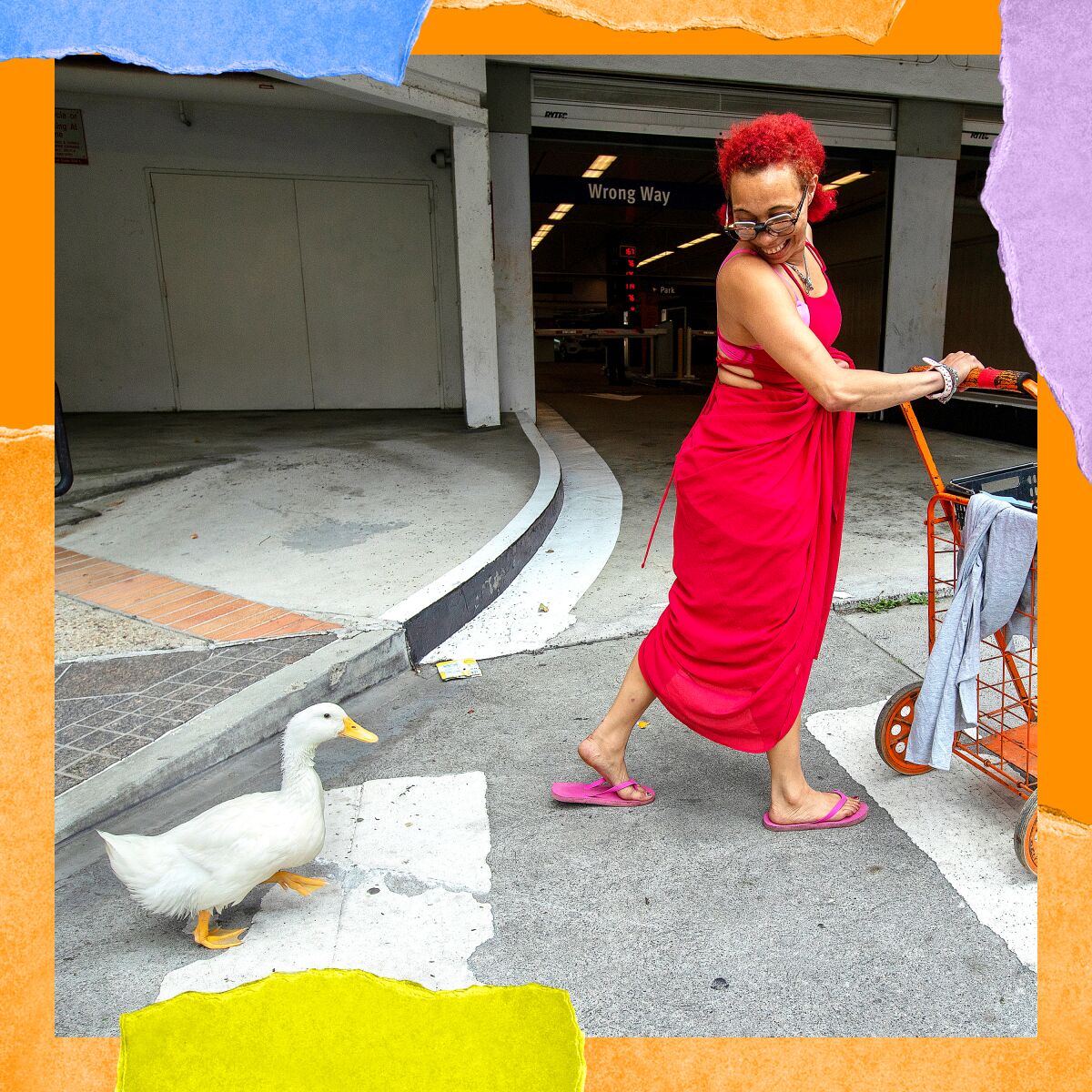 Photo of a woman in a red dress being followed by a white duck.