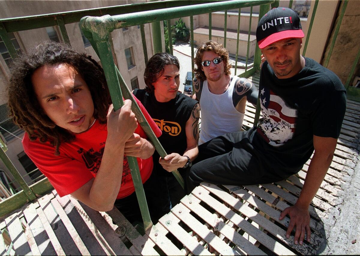 From left: Zack De La Rocha, Brad Wilk, Tim Commerford and Tom Morello at the Ambassador Hotel on Aug. 13, 1999.