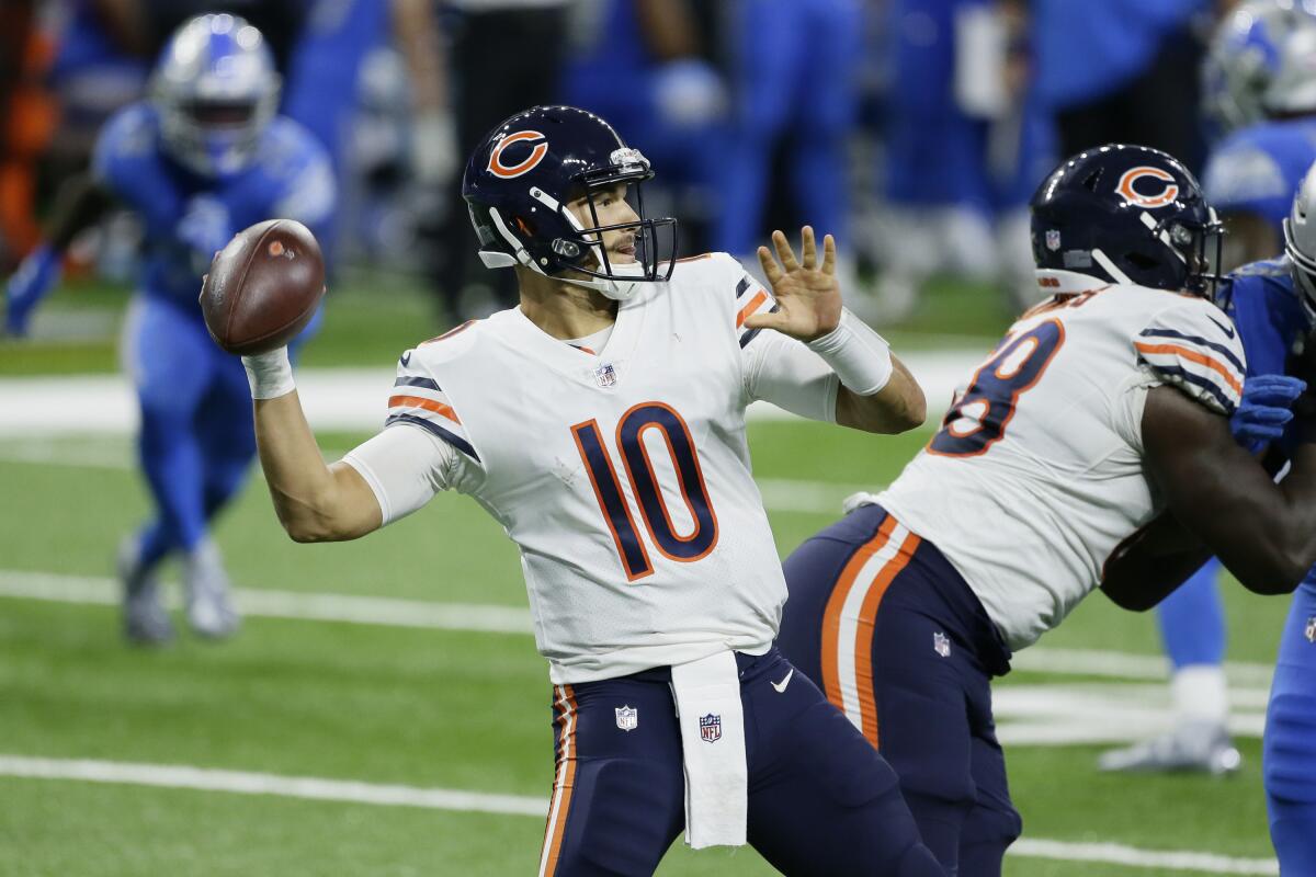 Chicago Bears quarterback Mitchell Trubisky throws against the Detroit Lions on Sunday.