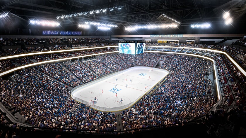 An interior rendering of Midway Village+'s proposed arena
