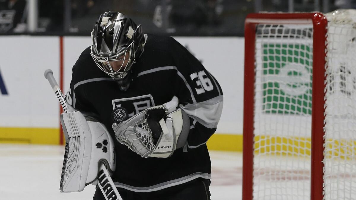 Kings goaltender Jack Campbell (36) stops a shot during the third period against the Minnesota Wild on Nov. 8, 2018.