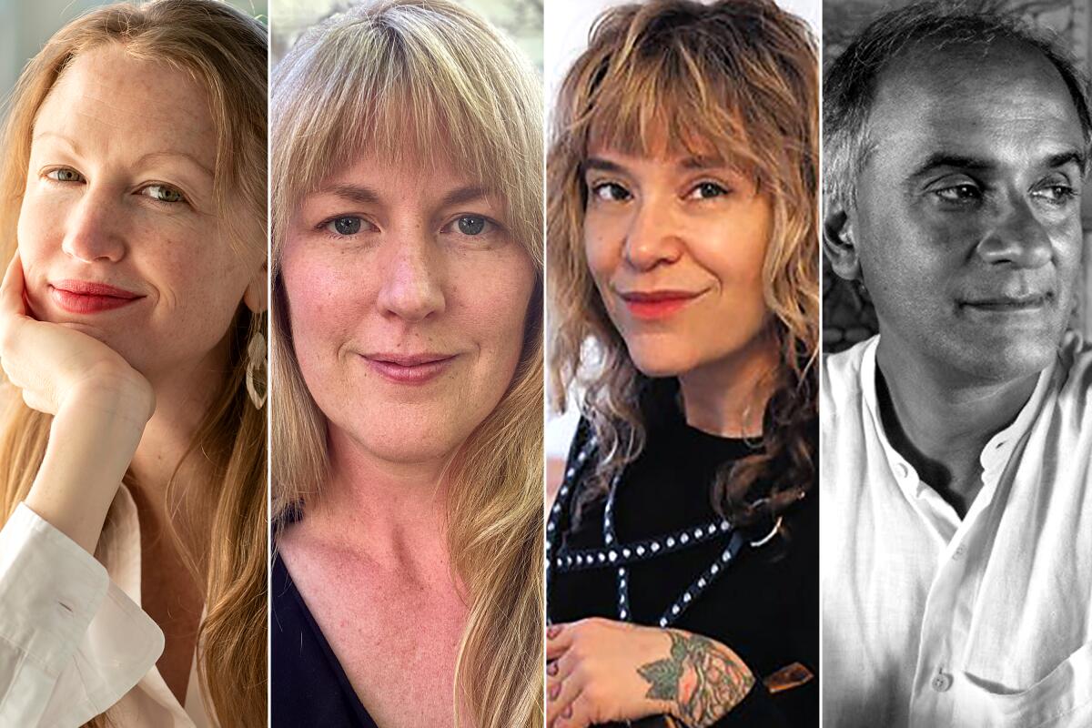 Los Angeles Times Book Club authors for May, 2022. From left, Colleen Kinder, Maggie Shipstead, Michelle Tea and Pico Iyer.