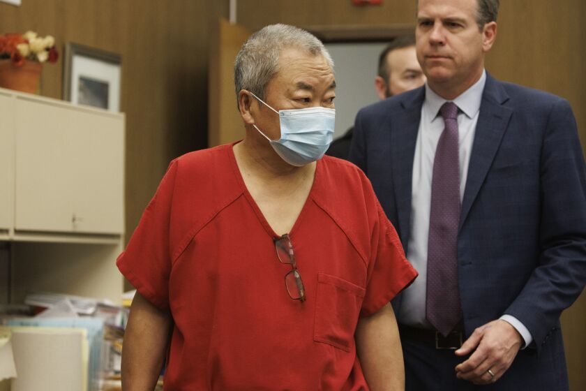 Chunli Zhao appears for a motion hearing at the San Mateo County Hall of Justice in Redwood City, Calif., Friday, Feb. 10, 2023. A San Mateo County judge heard arguments regarding a potential gag order in the criminal case of Zhao, a farmworker accused of killing seven people in back-to-back shootings at two Northern California mushroom farms in January. (Dai Sugano/Bay Area News Group via AP, Pool)