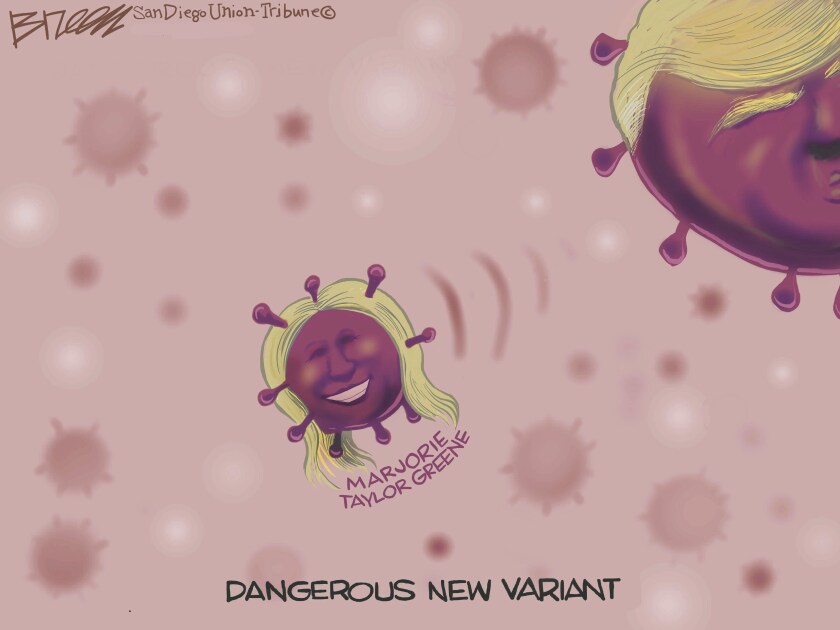 In this Breen cartoon, Marjorie Taylor Greene is depicted as a 'dangerous new variant' of coronavirus