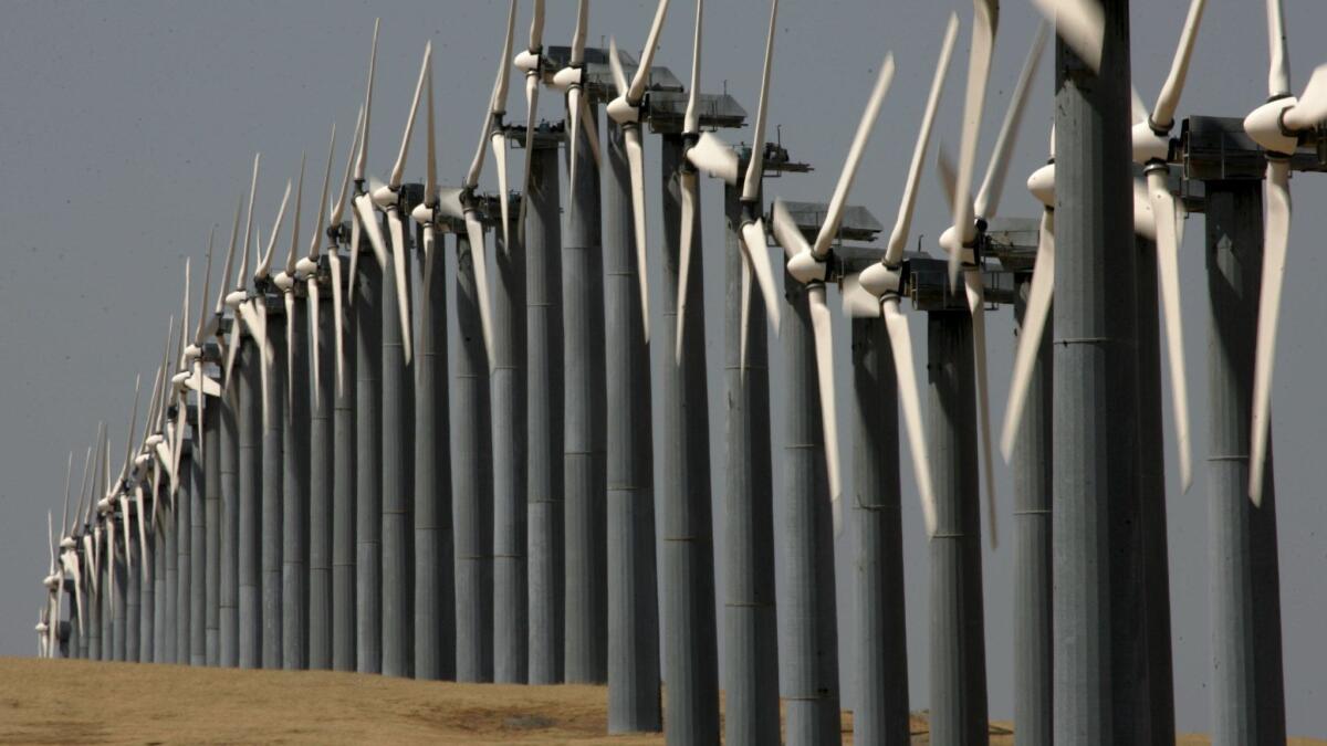 Rows of electricity-generating wind turbines are seen at the Altamont Pass wind farm in Byron, Calif.