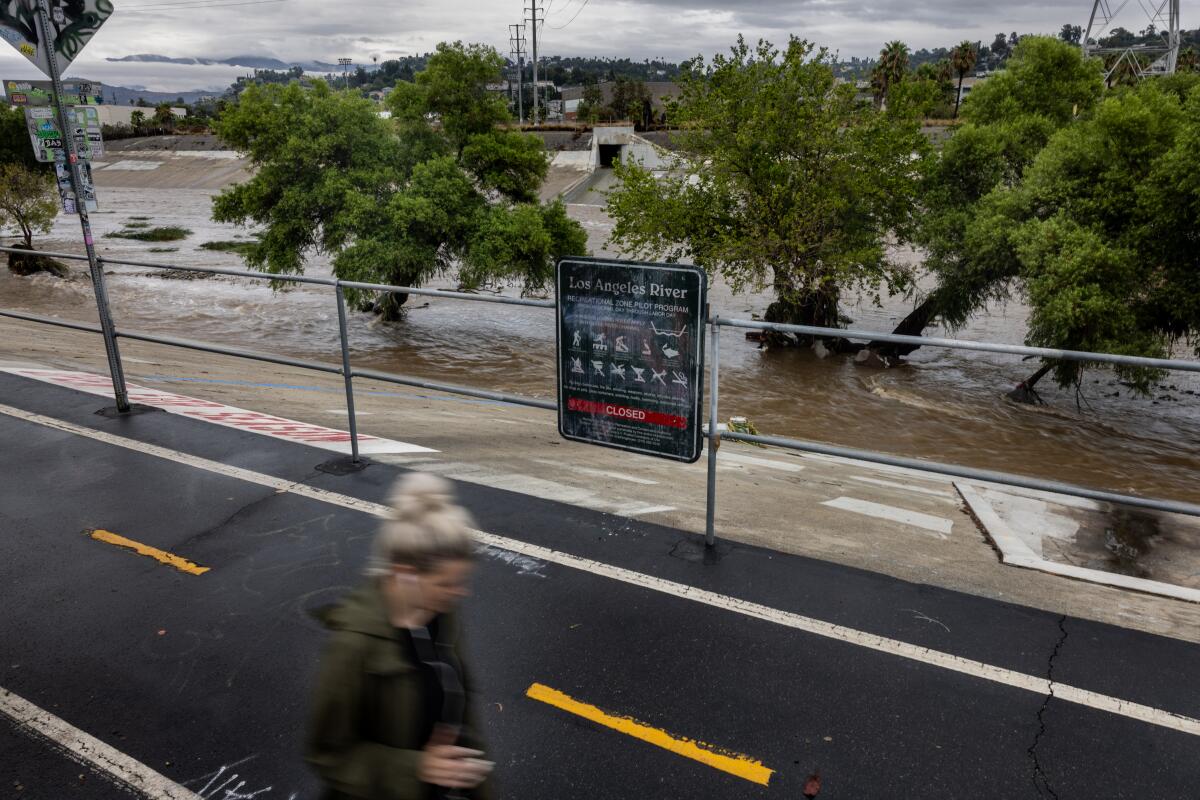 A woman walks on a bike path above a surging river.
