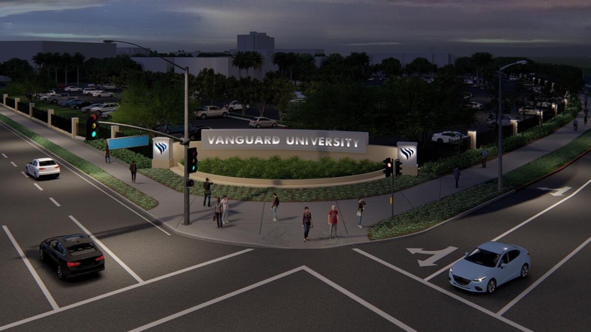 A rendering of a new monument sign being planned for Costa Mesa's Vanguard University.