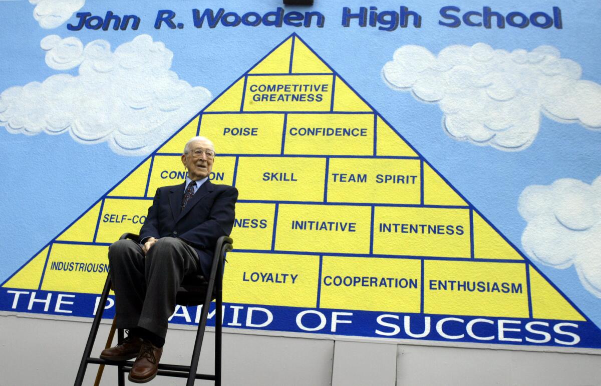 John Wooden holds court at a ceremony to rename Aliso High School in Reseda as John R. Wooden High School.