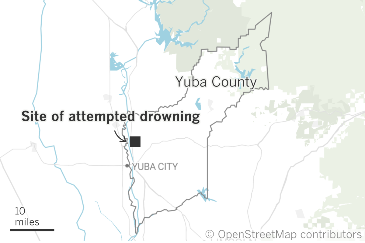 Map of Yuba County showing the location of an attempted drowning