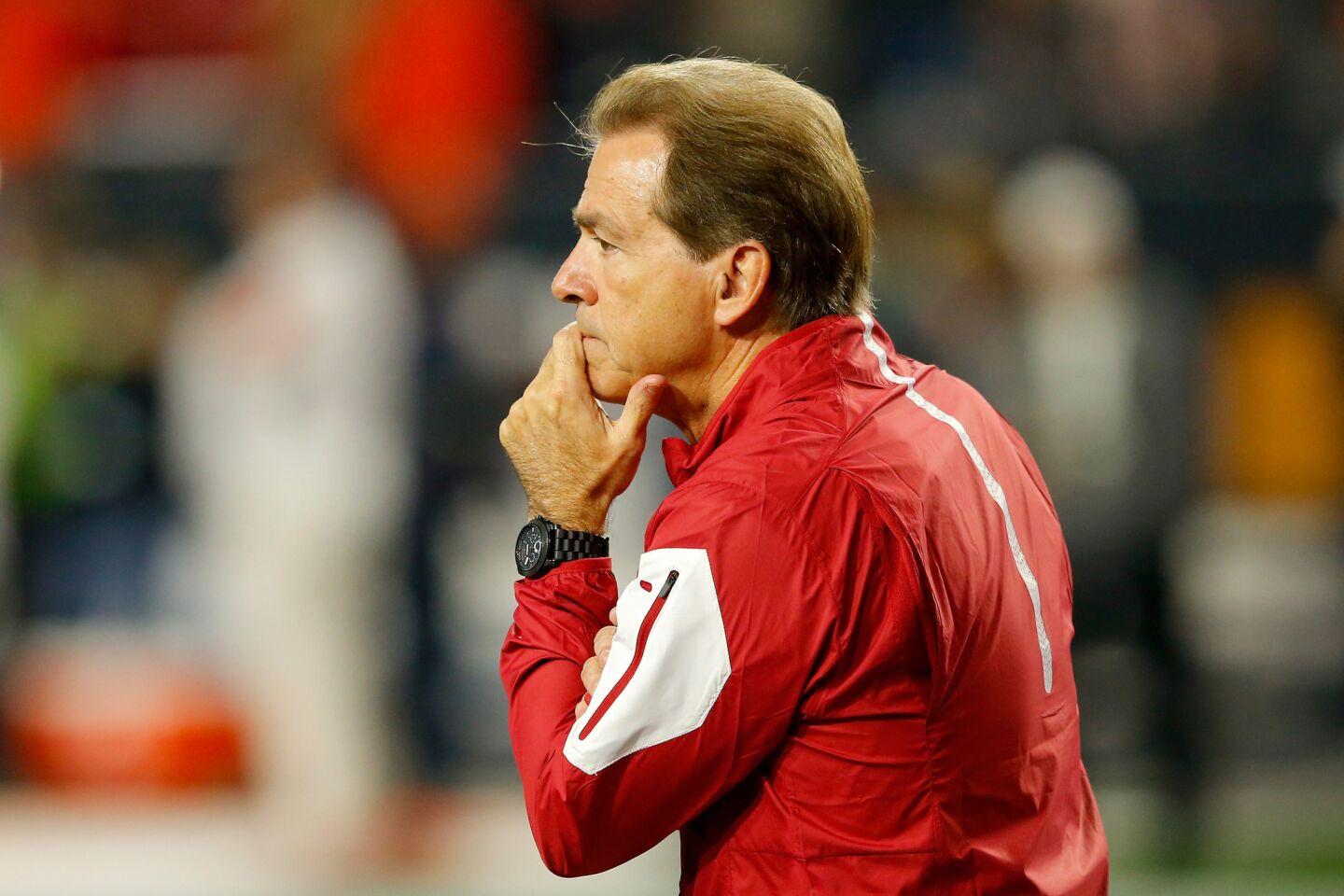 Alabama Coach Nick Saban looks on prior to the 2016 College Football Playoff championship game against the Tigers.