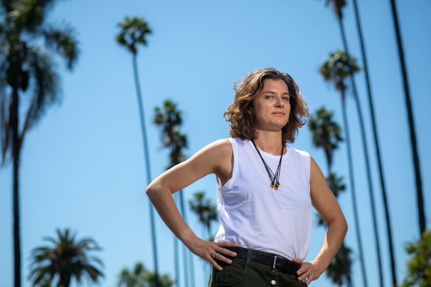 LOS ANGELES, CA - APRIL 28: American author Ivy Pochoda, who's new novel, "Three Women," based on the true story of a serial killer in the 70s in the West Adams neighborhood of Los Angeles, CA, is photographed in the north end of West Adams, Tuesday, April 28, 2020. (Jay L. Clendenin / Los Angeles Times)