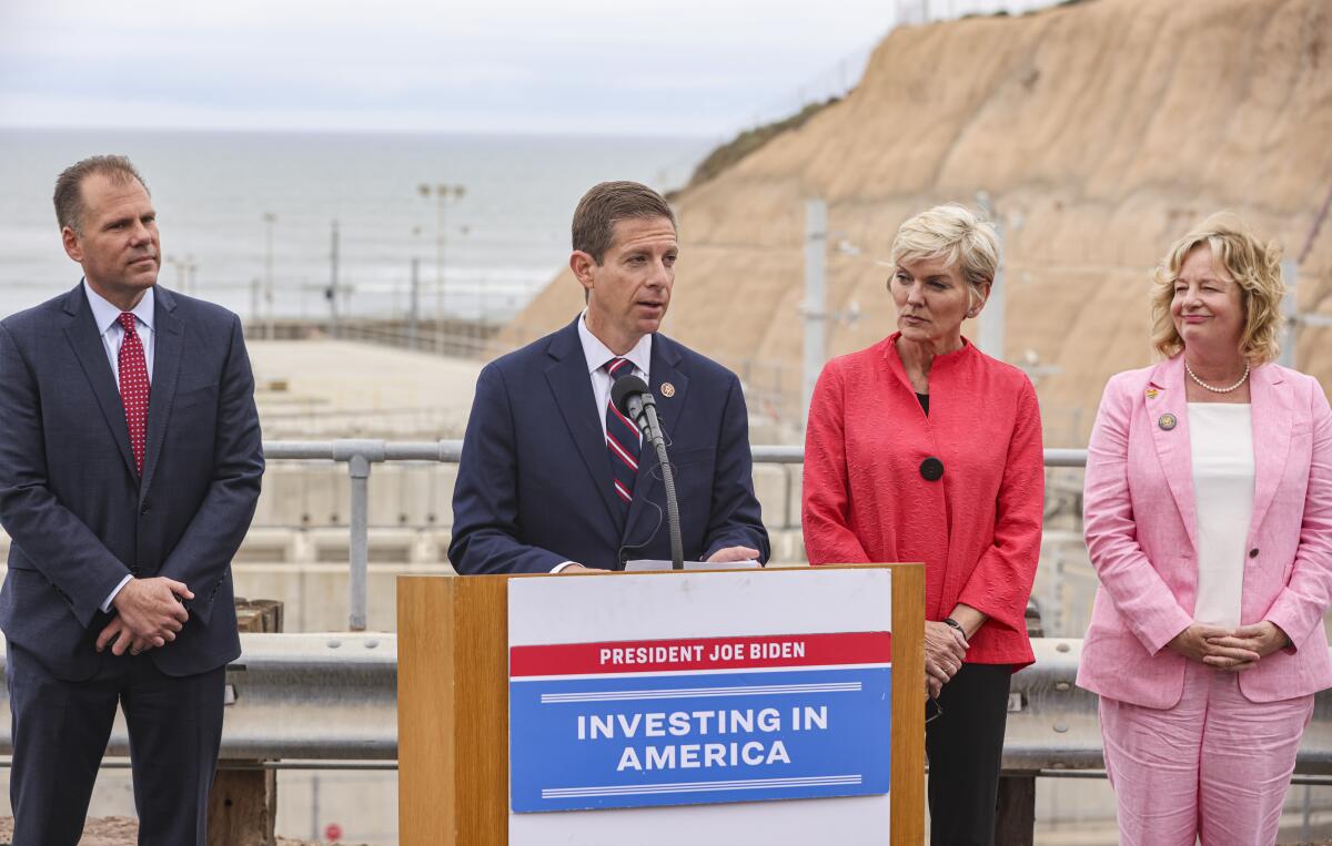 Rep. Mike Levin talks to reporters at San Onofre 