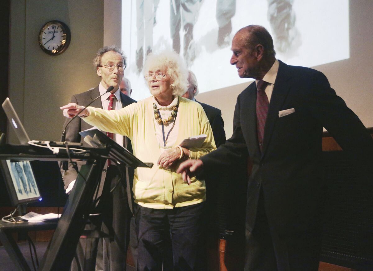  Jan Morris, with the Duke of Edinburgh, right, at a celebration of the 60th anniversary of Everest's ascent in 2013. 
