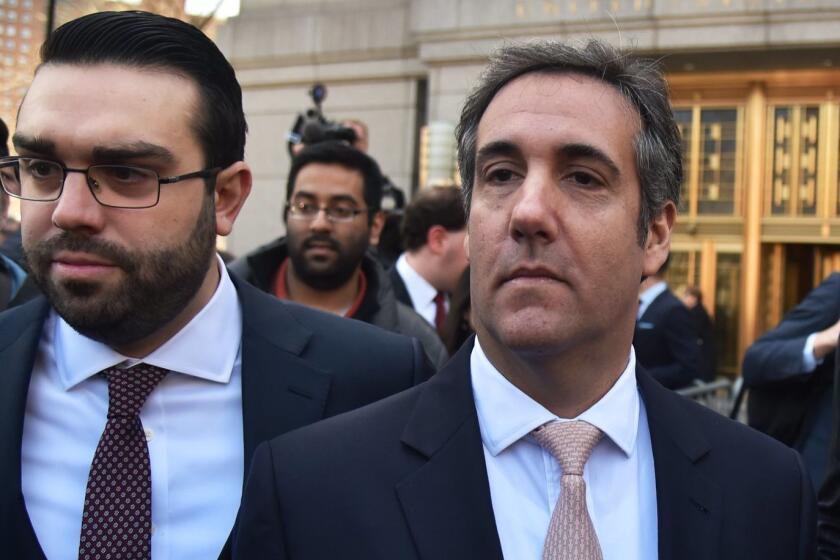 (FILES) In this file photo taken on April 26, 2018 US President Donald Trump's personal lawyer Michael Cohen(C) leaves the US Courthouse in New York on April 26, 2018. Michael Cohen, Donald Trump's personal lawyer, faced growing scrutiny May 9, 2018 following revelations that a shell company he established received millions of dollars from a Russian oligarch and corporations seeking White House access.Cohen, Trump's attorney and fixer for the past decade, is under criminal investigation in New York and his home and office were raided by the FBI last month. / AFP PHOTO / HECTOR RETAMALHECTOR RETAMAL/AFP/Getty Images ** OUTS - ELSENT, FPG, CM - OUTS * NM, PH, VA if sourced by CT, LA or MoD **