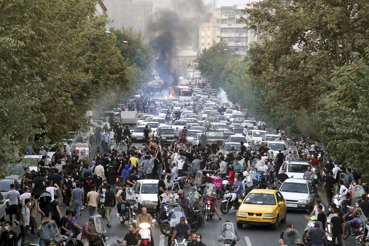 A tree-lined city street clogged with protesters and cars as smoke rises near buildings in the background.