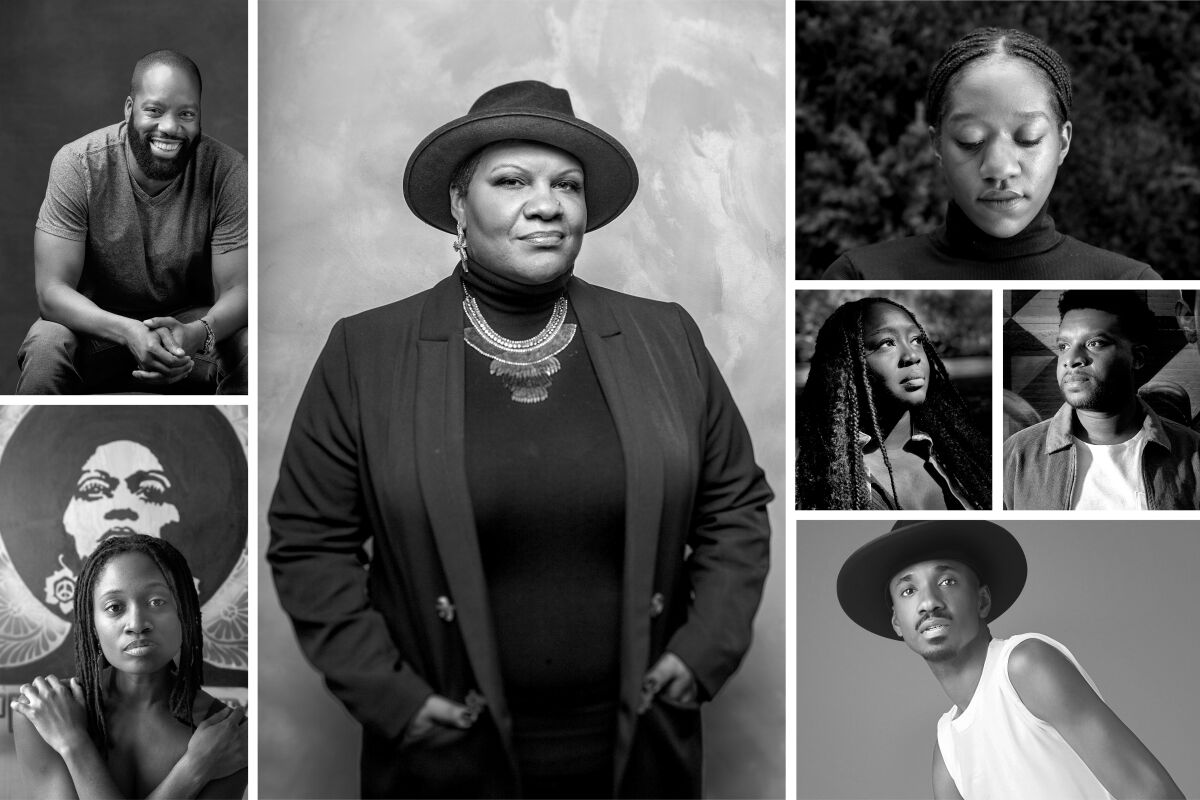 A black and white photo grid shows an array of Black theater workers