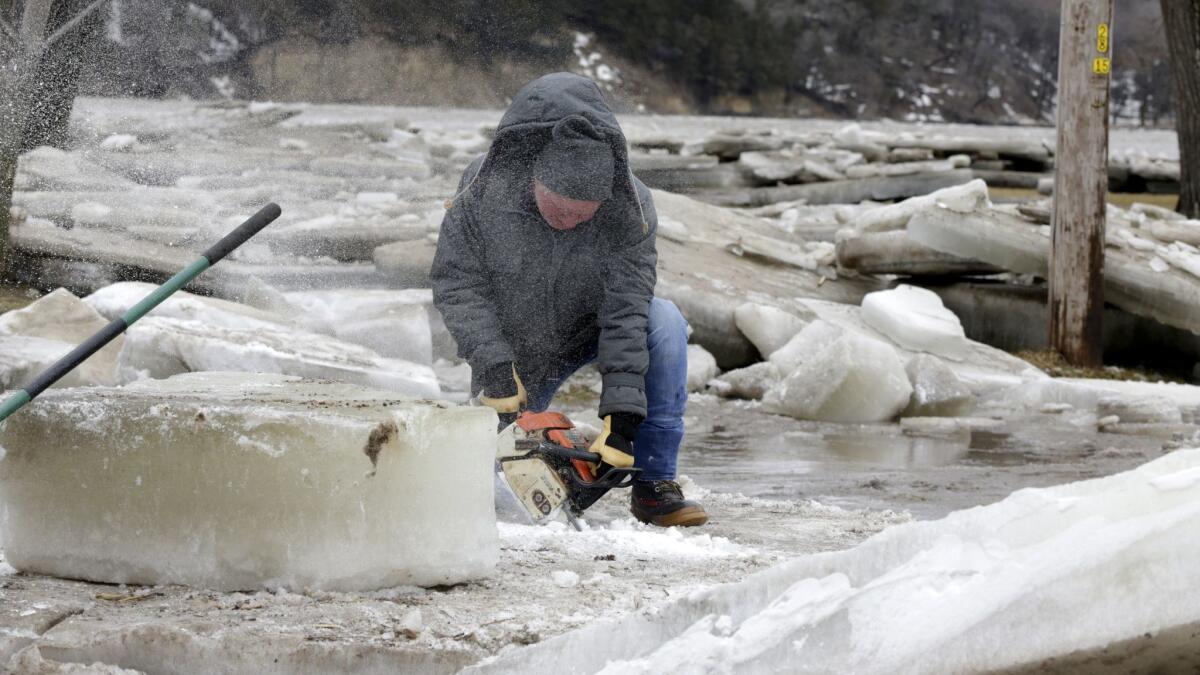 Jim Freeman tries to saw through thick ice slabs on his property in Fremont, Neb., after the ice-covered Platte River flooded its banks.