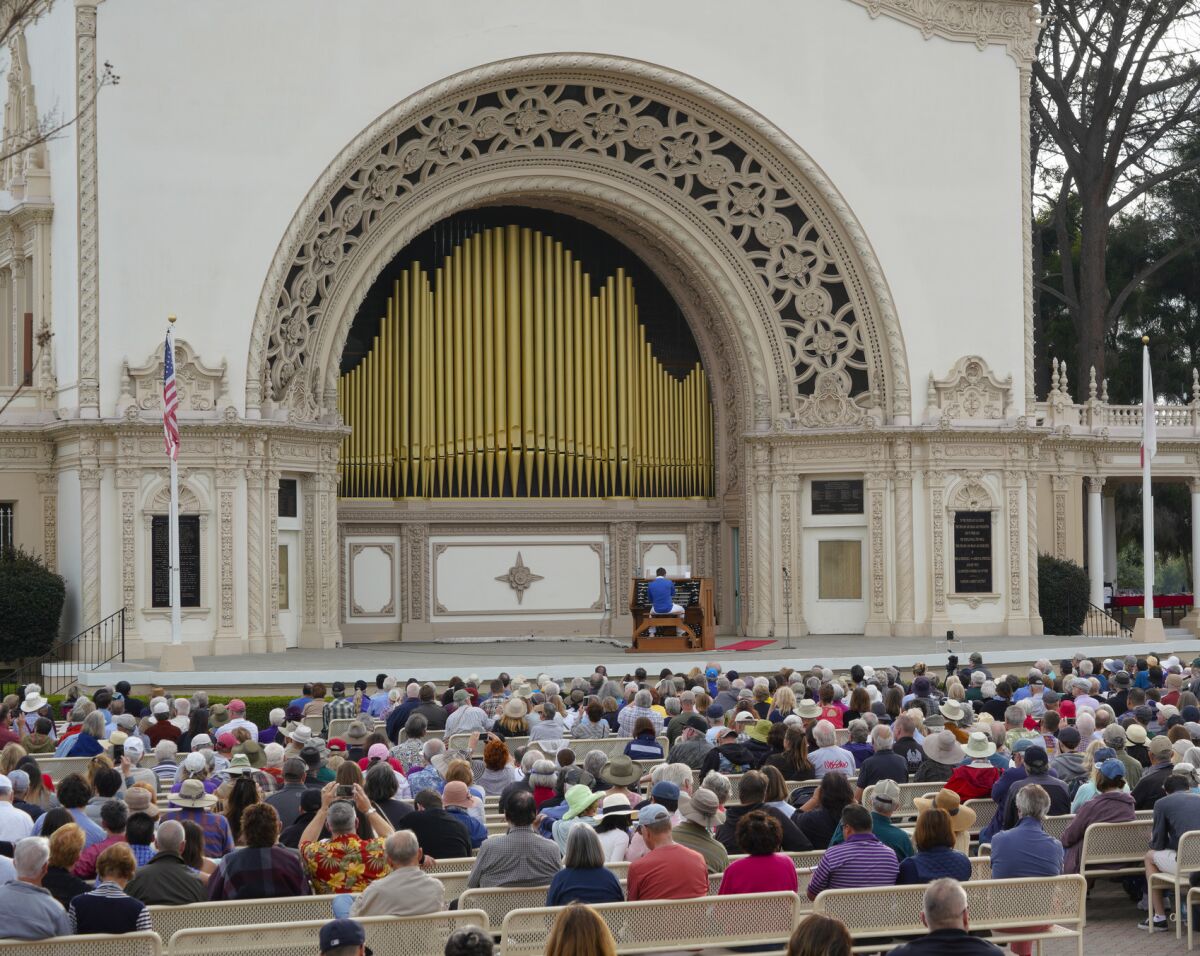 Spreckels Organ Pavilion, Balboa Park, Raul Prieto Ramirez (San Diego Civic Organist) first concert to crowd of 1500.