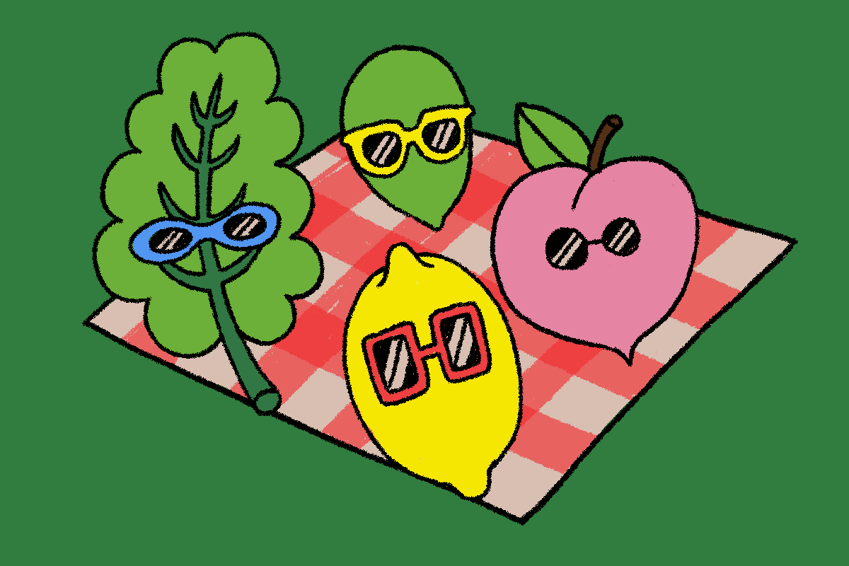Illustration of kale, peach, lemon and pepita on a picnic blanket.