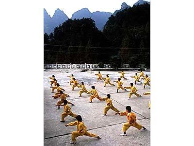Martial arts students practice their moves at a Wudang academy.