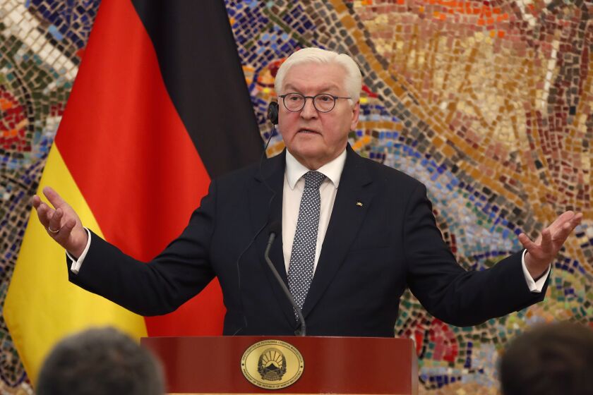 German President Frank-Walter Steinmeier speaks, during a joint news conference with North Macedonia's President Stevo Pendarovski at the presidential palace in Skopje, North Macedonia, Tuesday, Nov. 29, 2022. Steinmeier is on a two-day official visit to North Macedonia. (AP Photo/Boris Grdanoski)