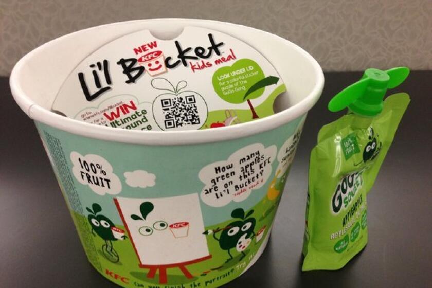 KFC's new Li'l Bucket for kids offers a customizable meal. At its most healthful -- a grilled drumstick, green beans, CapriSun Roarin' Water and a no-spoon applesauce -- the bucket carries 210 calories, 4 grams of fat and 565 milligrams of sodium.