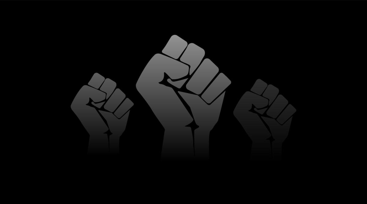 An illustration of fists raised in protest