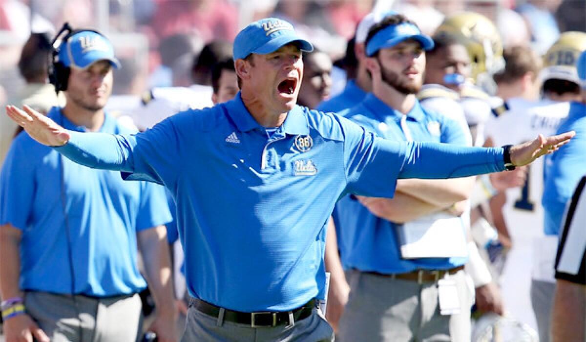Coach Jim Mora says he's happy at UCLA and not interested in the job opening at Texas created by Mack Brown's departure.