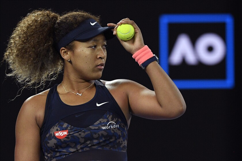 Japan's Naomi Osaka prepares to serve to United States' Jennifer Brady at the 2021 Australian Open