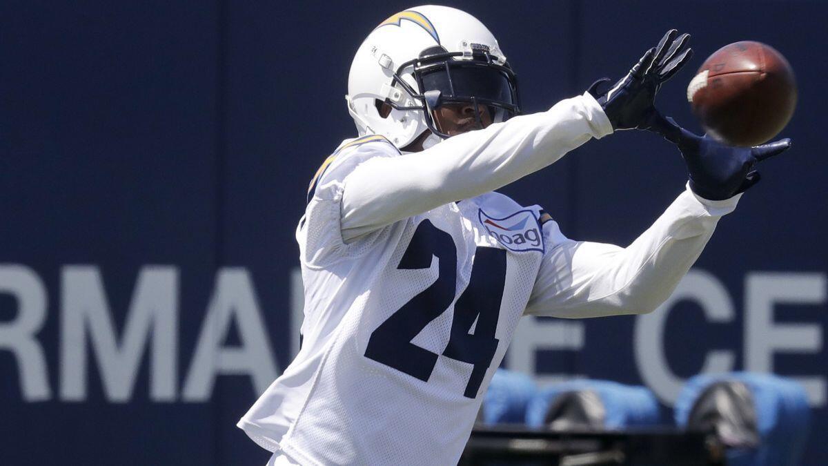 Chargers' Trevor Williams reaches for the ball during the team's minicamp on June 12 in Costa Mesa.
