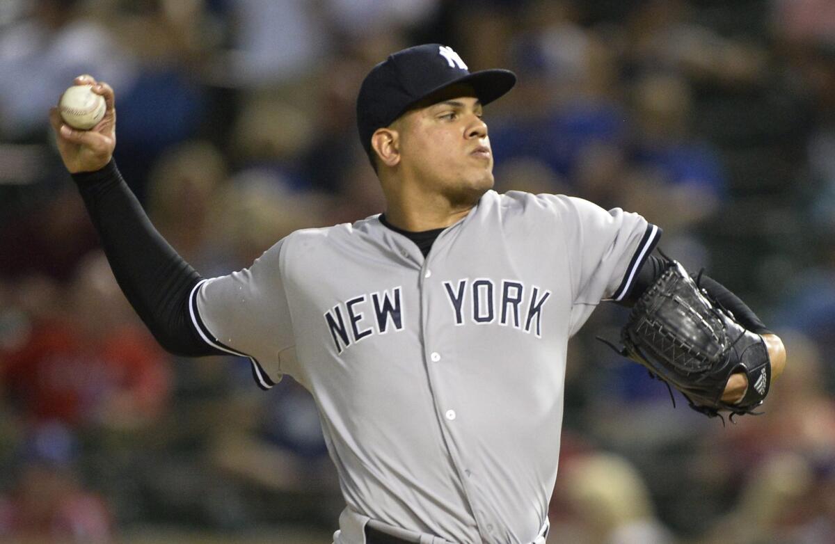 New York Yankees' Dellin Betances pitches against the Texas Rangers on July 27.