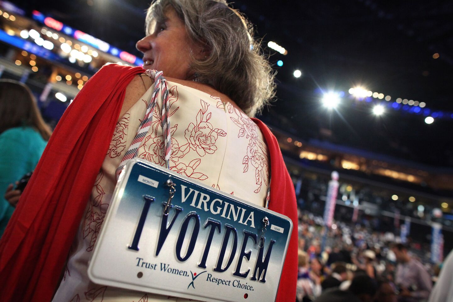 Virginia delegate Victoria Cochran wears her license plate on the floor at the Democratic National Convention in Charlotte, N.C.