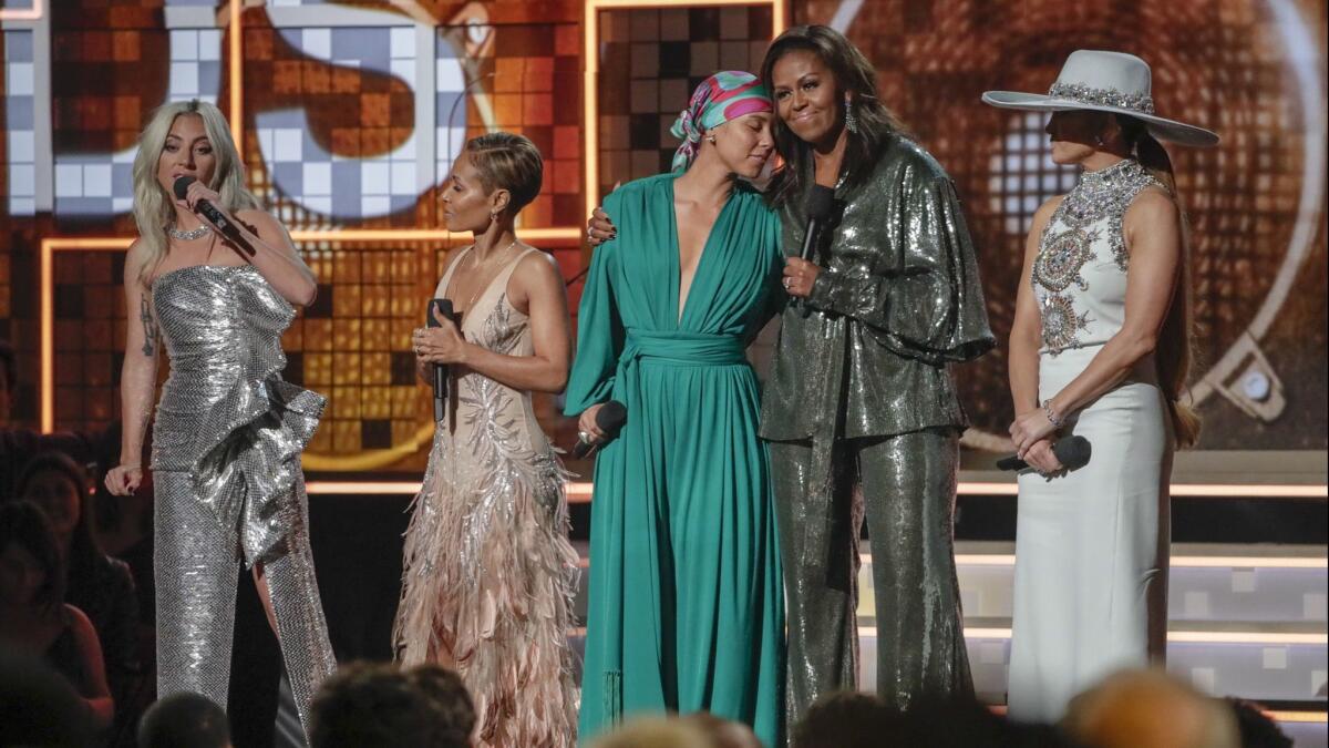 Lady Gaga, Jada Pinkett Smith, Alicia Keys, Michelle Obama and Jennifer Lopez appeared together shortly after the opening performance.