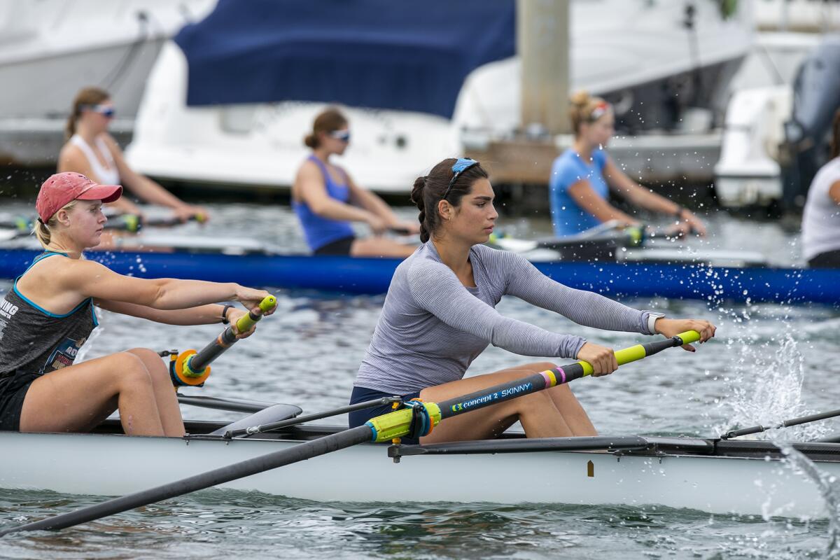 CdM's Ruby Srinivasan, with the Newport Aquatic Center high school girls' rowing program, practices on Wednesday.