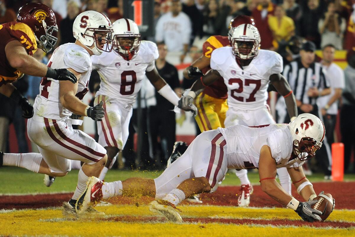 Stanford's A.J. Tarpley recovers the fumble of USC's Curtis McNeal 