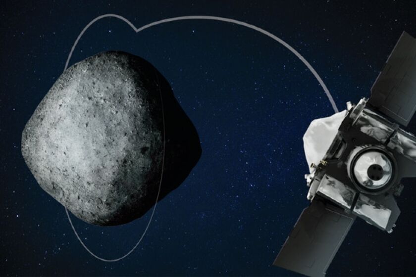 Illustration of spacecraft closing in on the asteroid Bennu