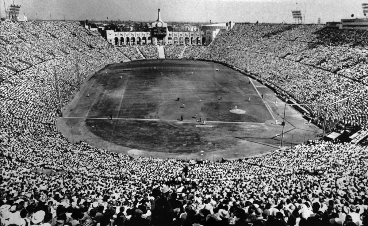 Oct. 6, 1959: Seats in the Los Angeles Coliseum were filled during the fifth game of the World Series between the Los Angeles Dodgers and the Chicago White Sox, with 92,706 people in attendance setting a World Series record.