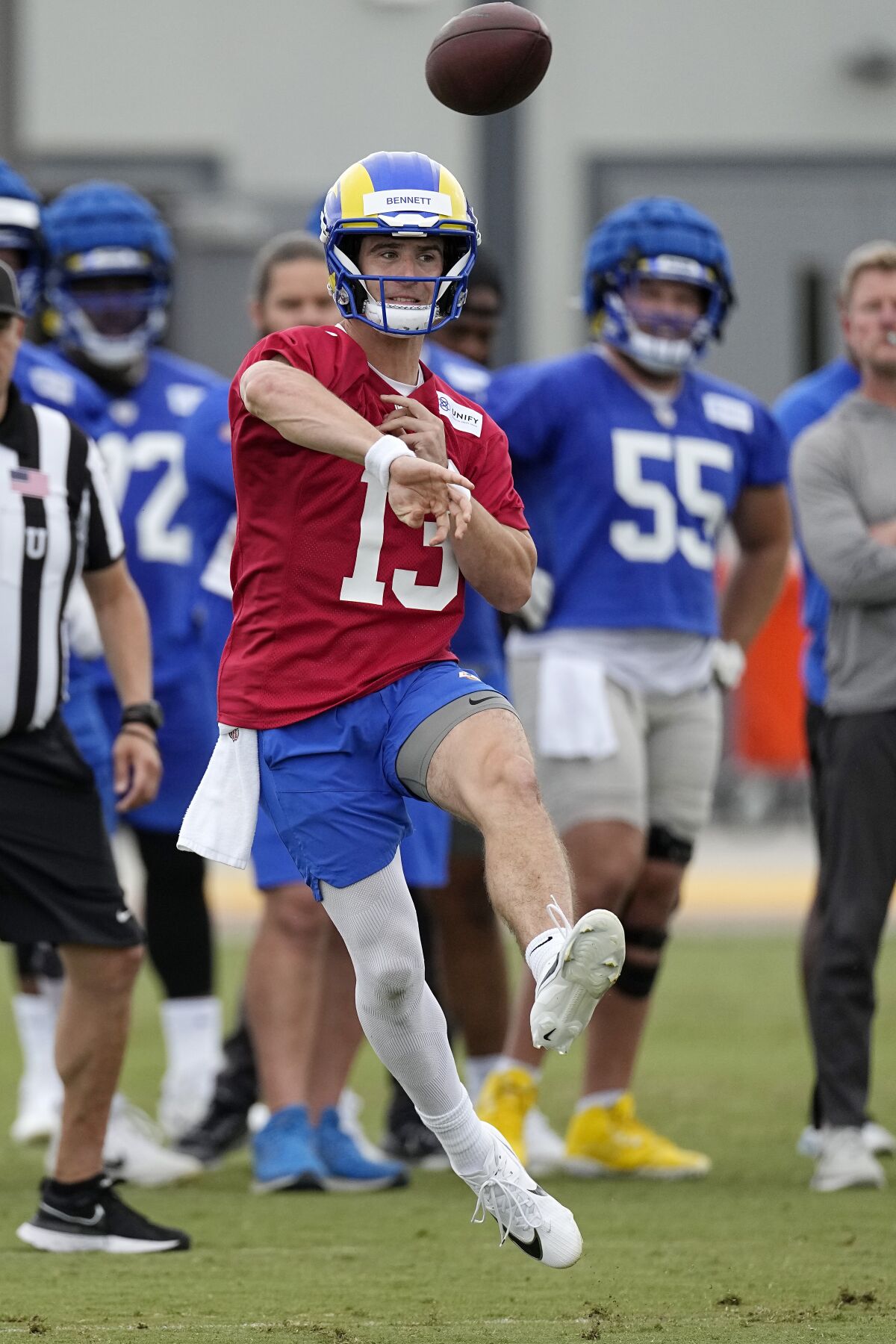 Rams rookie quarterback Stetson Bennett unleashes a pass during organized team activities Wednesday.