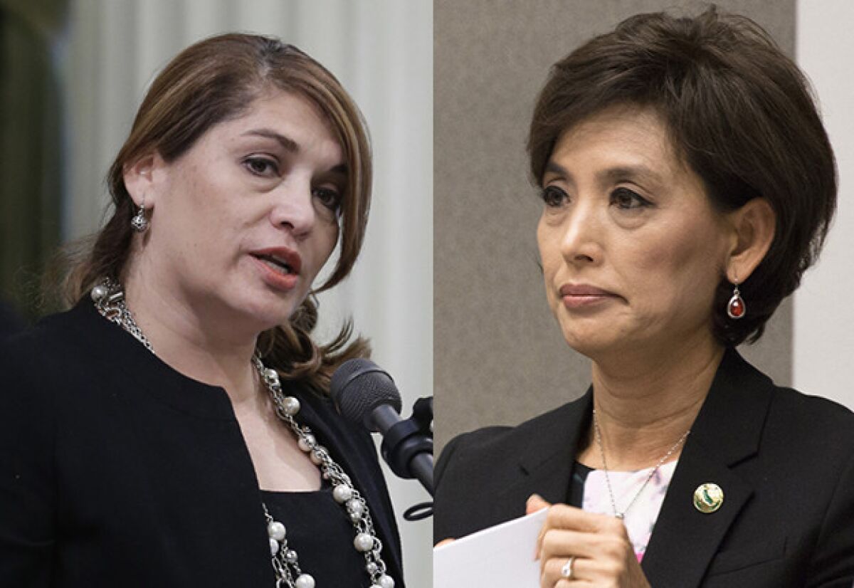 Former Assemblywoman Sharon Quirk-Silva, left, and Assemblywoman Young Kim (R-Fullerton) are battling for District 65. (Rich Pedroncelli / AP; Brian van der Brug / Los Angeles Times )