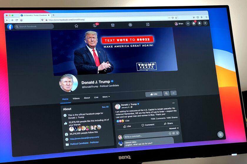 The Facebook page of Donald Trump, the former president, is seen on a computer display on Apr. 22, 2021.