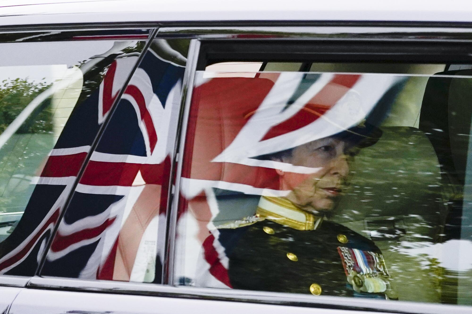 Princess Anne is driven to Westminster Abbey for the funeral of her mother, Queen Elizabeth II.