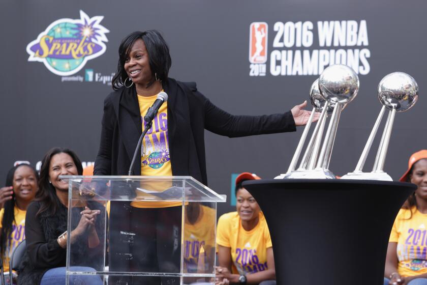 LOS ANGELES, CA - OCTOBER 24: Former WNBA Player and current LA Sparks GM Penny Toler speaks at the LA Sparks 2016 WNBA Championship Celebration at LA Live on October 24, 2016 in Los Angeles, California. (Photo by Jerritt Clark/Getty Images)