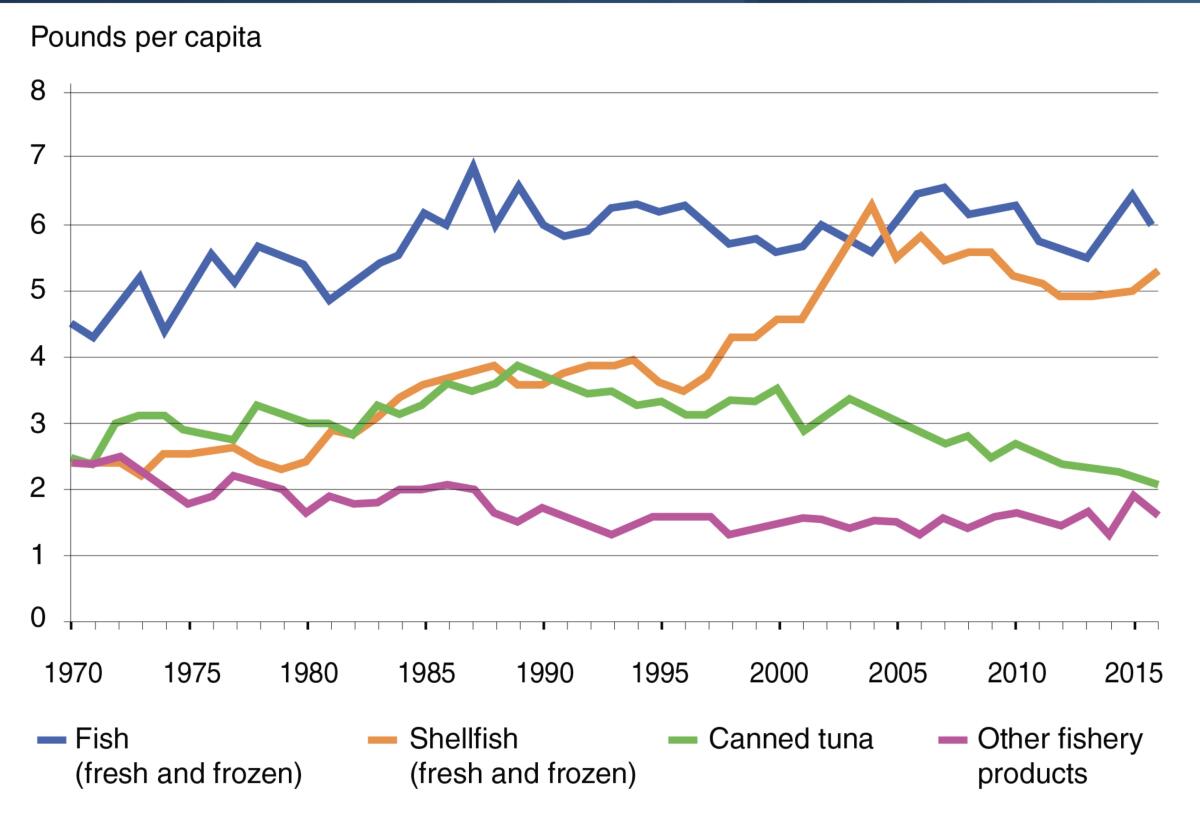 U.S. consumption of canned tuna (green) has fallen since the 1980s as other seafood became more popular.