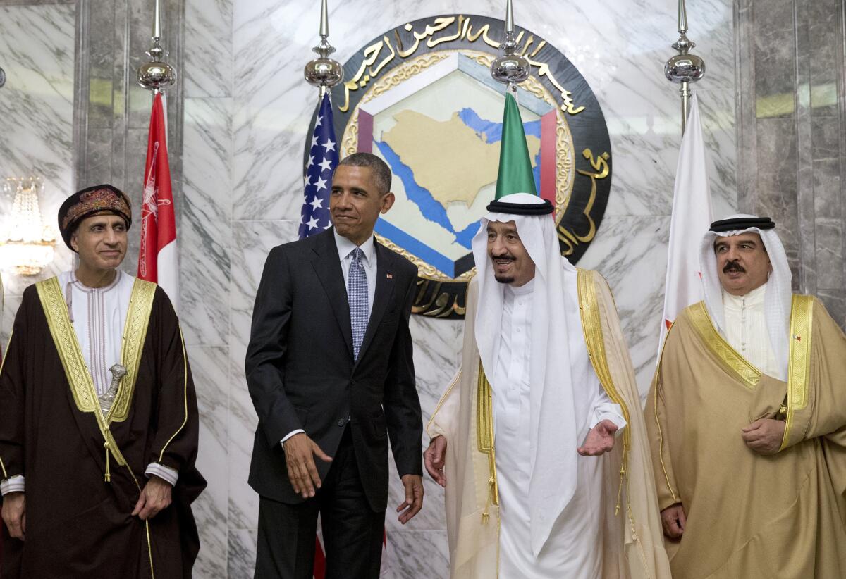 Oman's Deputy Prime Minister Fahd bin Mahmoud al-Said, left, President Obama, Saudi Arabia's King Salman, and Bahrain's King Hamad bin Isa al Khalifa at a summit April 21 in Saudi Arabia.