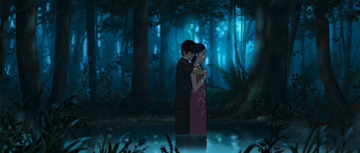 Khuon (left, voiced by Louis Garrel) and Chou (voiced by Bérénice Bejo) in a scene from the animated film "Funan."