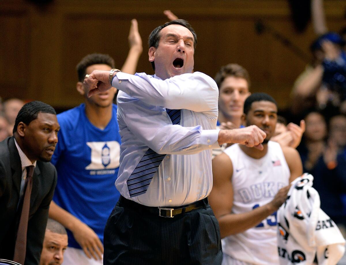 Duke Coach Mike Krzyzewski reacts during a game against Wake Forest on Tuesday.
