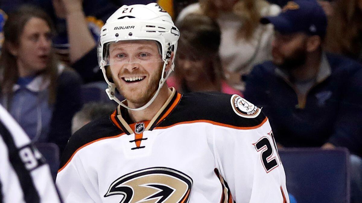 The Ducks' Chris Wagner smiles after scoring against the Blues in St. Louis on March 10.