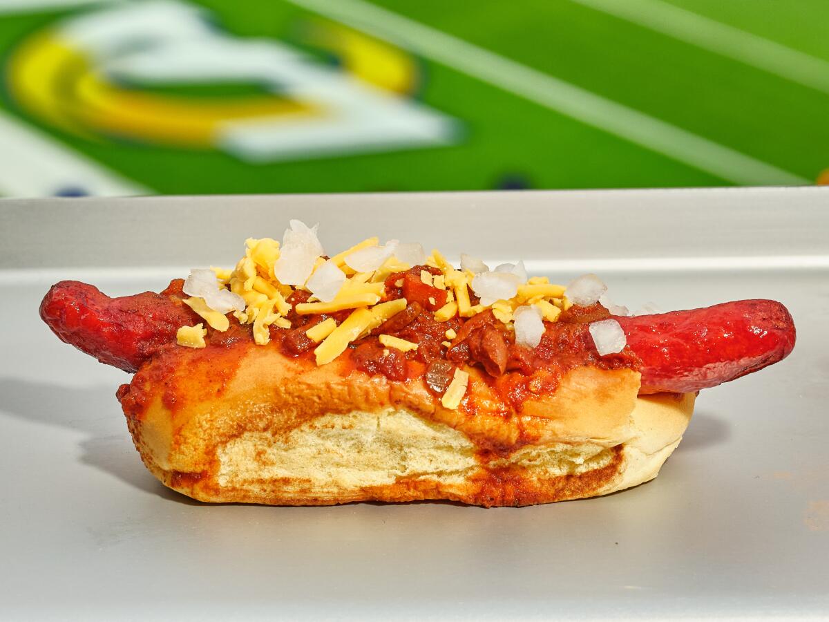 The chili dog at the Fairfax Avenue concession stand at SoFi Stadium.