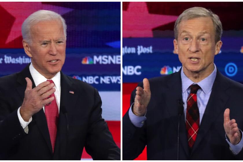Democratic presidential candidate Tom Steyer and Joe Biden spars during the Democratic Presidential Debate.