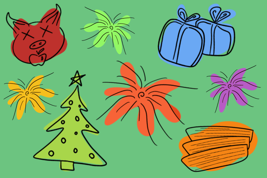 illustrations of lechon, a Christmas tree, gifts, tamales and fireworks